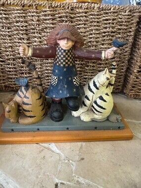 Williraye Studio W1313 Wood Folk Art Figurine with Girl and Cats